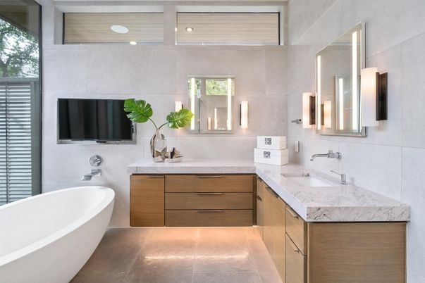 Bathroom, Dual Sink Vanities, Free Standing Baths, Interior, Recessed Lighting