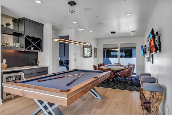 Billiard Table, Dining room, Game Room, Interior, Pendant Lights, Recessed Lighting, Wood Texture Flooring