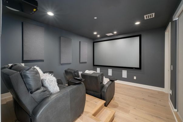 Interior, Projection Screen, Recessed Lighting, Theatre Room, Wood Texture Flooring