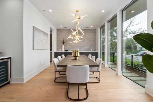 Dining room, Interior, Pendant Lights, Recessed Lighting, Wood Texture Flooring