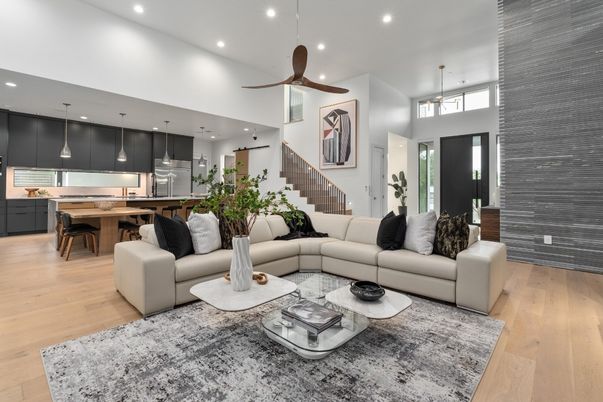 Dining room, Interior, Kitchen, Living room, Pendant Lights, Recessed Lighting, Stainless Steel Appliances, Wood Texture Flooring