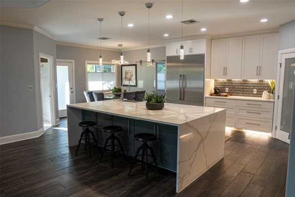Interior, Kitchen, Pendant Lights, Recessed Lighting, Stainless Steel Appliances, Wood Texture Flooring