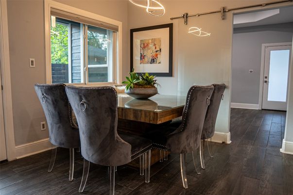 Dining room, Interior, Pendant Lights, Wood Texture Flooring
