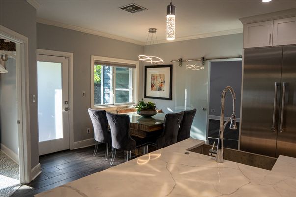 Dining room, Interior, Kitchen, Pendant Lights, Recessed Lighting, Stainless Steel Appliances, Wood Texture Flooring