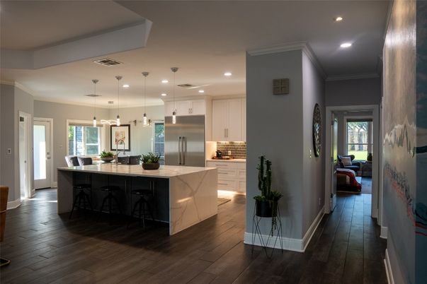 Interior, Kitchen, Pendant Lights, Recessed Lighting, Stainless Steel Appliances, Wood Texture Flooring