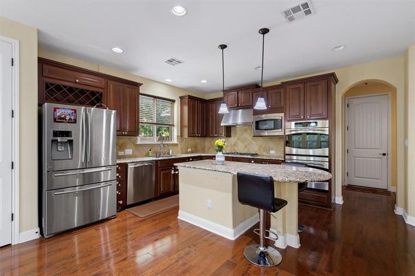 Interior, Kitchen, Pendant Lights, Recessed Lighting, Stainless Steel Appliances, Wood Texture Flooring