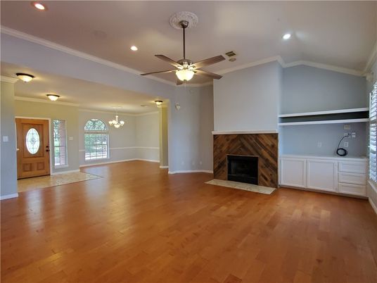 Empty room, Fireplace, Interior, Recessed Lighting, Wood Texture Flooring