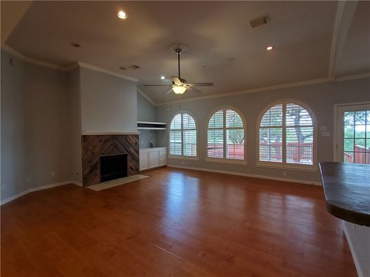 Empty room, Fireplace, Interior, Recessed Lighting, Wood Texture Flooring