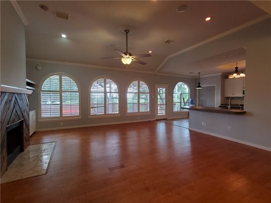 Empty room, Fireplace, Interior, Pendant Lights, Recessed Lighting, Wood Texture Flooring