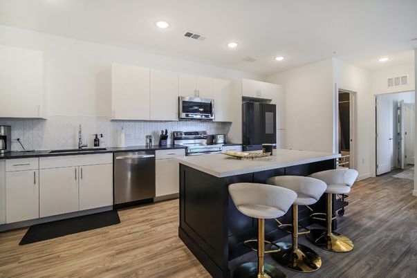 Interior, Kitchen, Recessed Lighting, Stainless Steel Appliances, Wood Texture Flooring
