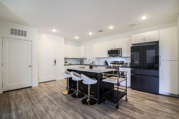 Interior, Kitchen, Recessed Lighting, Stainless Steel Appliances, Wood Texture Flooring