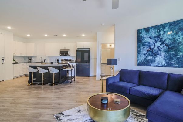 Interior, Kitchen, Living room, Recessed Lighting, Stainless Steel Appliances, Wood Texture Flooring