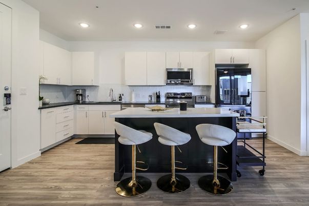 Interior, Kitchen, Recessed Lighting, Stainless Steel Appliances, Wood Texture Flooring