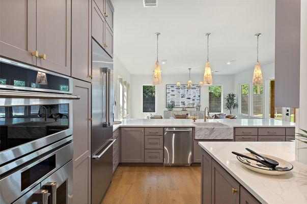 Interior, Kitchen, Pendant Lights, Recessed Lighting, Stainless Steel Appliances, Wood Texture Flooring