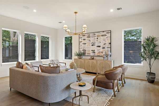 Interior, Living room, Pendant Lights, Recessed Lighting, Wood Texture Flooring