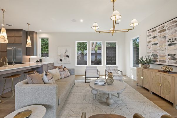 Interior, Kitchen, Living room, Pendant Lights, Recessed Lighting, Stone Walls, Wood Texture Flooring