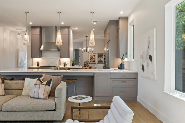 Interior, Kitchen, Living room, Pendant Lights, Recessed Lighting, Wood Texture Flooring