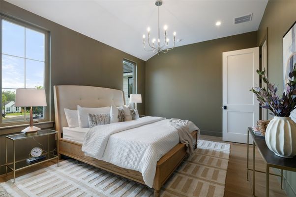 Bedroom, Interior, Pendant Lights, Recessed Lighting, Wood Texture Flooring