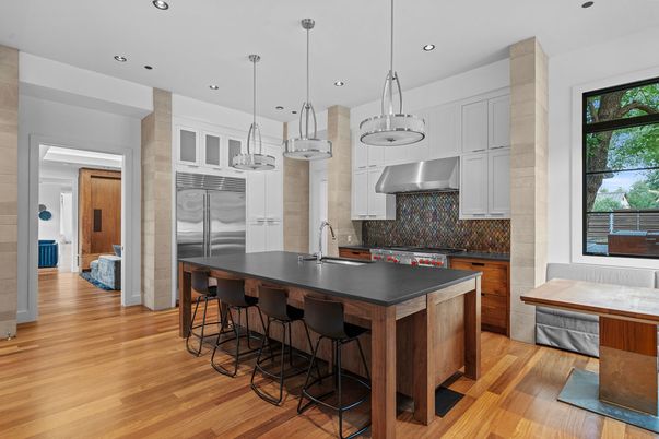 Interior, Kitchen, Pendant Lights, Recessed Lighting, Stainless Steel Appliances, Wood Texture Flooring