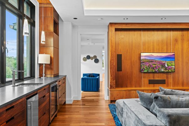 Interior, Kitchen, Recessed Lighting, Wood Texture Flooring, Wooden Walls