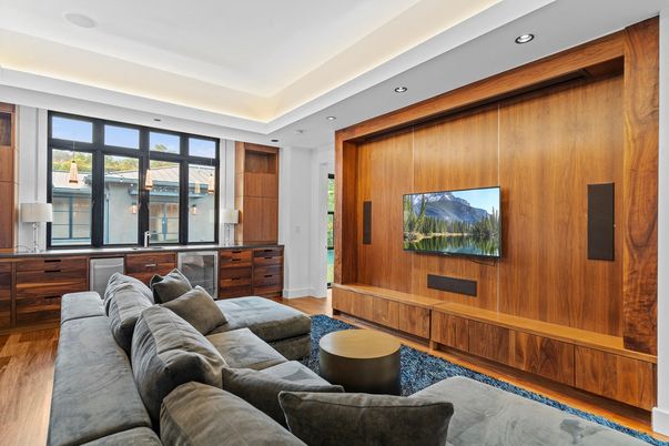 Interior, Living room, Recessed Lighting, Wood Texture Flooring, Wooden Walls