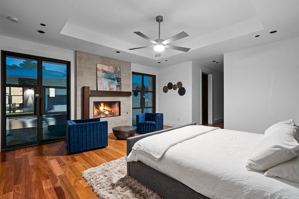 Bedroom, Fireplace, Interior, Recessed Lighting, Wood Texture Flooring