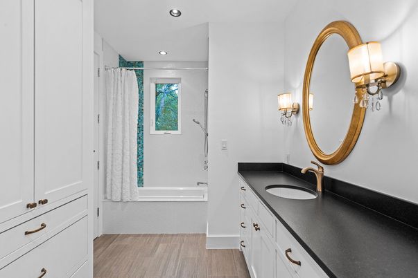 Bathroom, Dual Sink Vanities, Interior, Recessed Lighting, Wood Texture Flooring