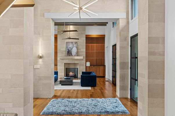 Fireplace, Interior, Living room, Stone Walls, Wood Texture Flooring