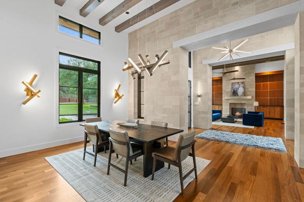 Dining room, Fireplace, Interior, Living room, Pendant Lights, Stone Walls, Wooden Beams, Wood Texture Flooring