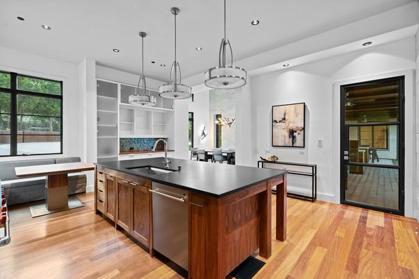 Interior, Kitchen, Pendant Lights, Recessed Lighting, Stainless Steel Appliances, Wood Texture Flooring