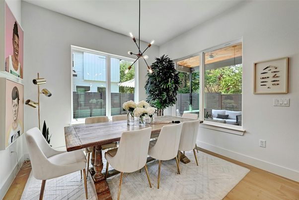 Dining room, Interior, Pendant Lights, Wood Texture Flooring