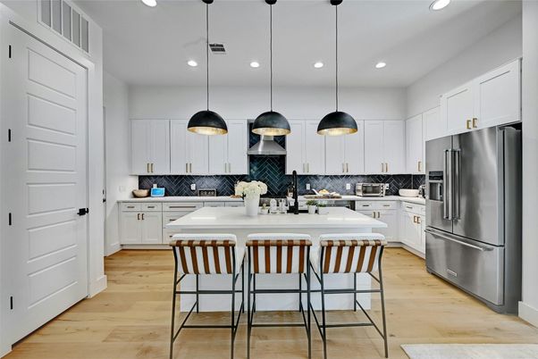 Interior, Kitchen, Pendant Lights, Recessed Lighting, Wood Texture Flooring