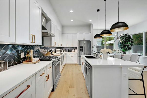 Interior, Kitchen, Pendant Lights, Recessed Lighting, Stainless Steel Appliances, Wood Texture Flooring