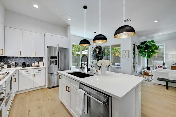 Interior, Kitchen, Pendant Lights, Recessed Lighting, Stainless Steel Appliances, Wood Texture Flooring