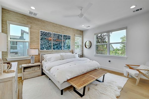Bedroom, Interior, Recessed Lighting, Wood Texture Flooring