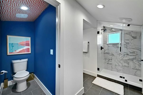 Bathroom, Glass Shower, Interior, Marble Walls, Recessed Lighting
