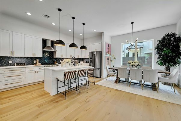 Dining room, Interior, Kitchen, Pendant Lights, Recessed Lighting, Stainless Steel Appliances, Wood Texture Flooring