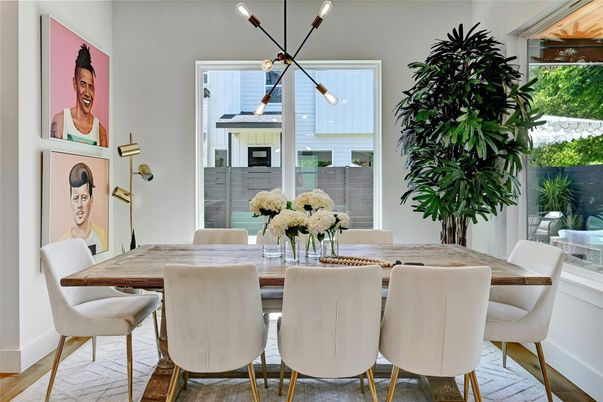 Dining room, Interior, Pendant Lights, Wood Texture Flooring