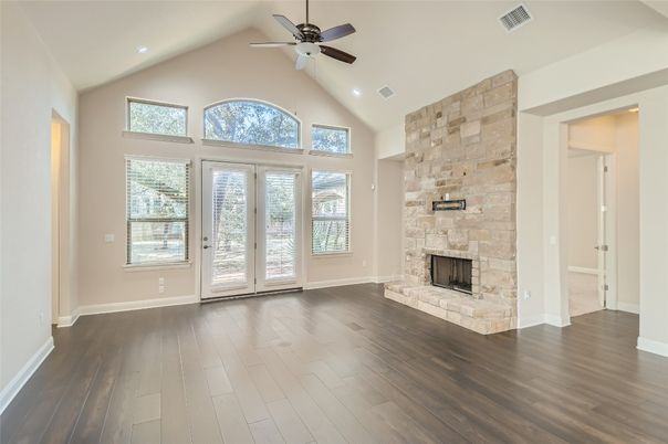 Empty room, Fireplace, Interior, Recessed Lighting, Wood Texture Flooring