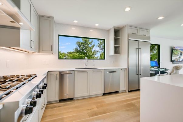 Interior, Kitchen, Recessed Lighting, Stainless Steel Appliances, Wood Texture Flooring