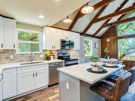 Interior, Kitchen, Recessed Lighting, Stainless Steel Appliances, Wooden Beams, Wood Texture Flooring