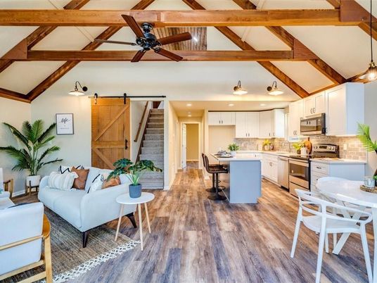 Dining room, Interior, Kitchen, Living room, Pendant Lights, Recessed Lighting, Stainless Steel Appliances, Wooden Beams, Wood Texture Flooring