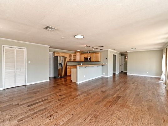 Empty room, Interior, Kitchen, Stainless Steel Appliances, Wood Texture Flooring