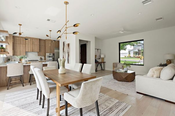 Dining room, Interior, Kitchen, Living room, Pendant Lights, Recessed Lighting, Stainless Steel Appliances, Wood Texture Flooring