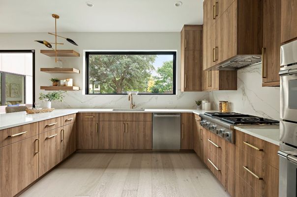 Interior, Kitchen, Marble Walls, Pendant Lights, Recessed Lighting, Stainless Steel Appliances, Wood Texture Flooring