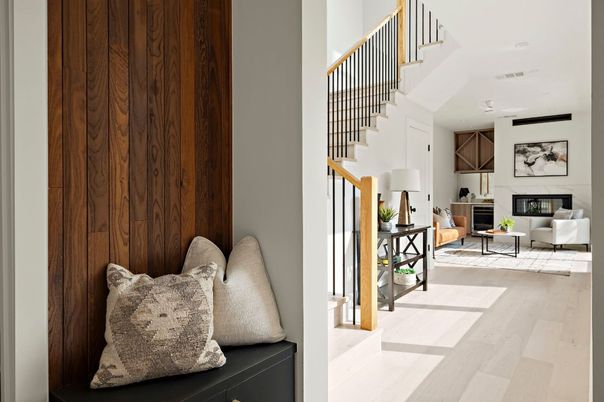 Fireplace, Interior, Living room, Recessed Lighting, Wood Texture Flooring