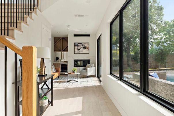 Fireplace, Interior, Living room, Recessed Lighting, Wood Texture Flooring