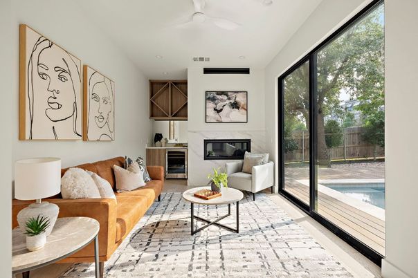 Fireplace, Interior, Living room, Recessed Lighting, Wood Texture Flooring