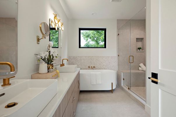 Bathroom, Dual Sink Vanities, Free Standing Baths, Glass Shower, Interior