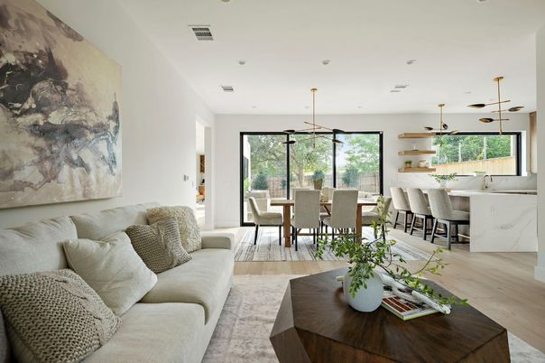 Dining room, Interior, Living room, Marble Walls, Pendant Lights, Recessed Lighting, Wood Texture Flooring